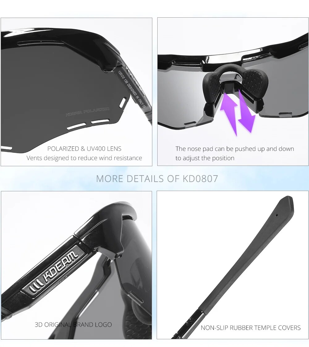 KDEAM Polarized Cycling Sunglasses Men Adjust The Nose Pad Up And Down Bendable Glasses Temples Detachable Fittings Googles